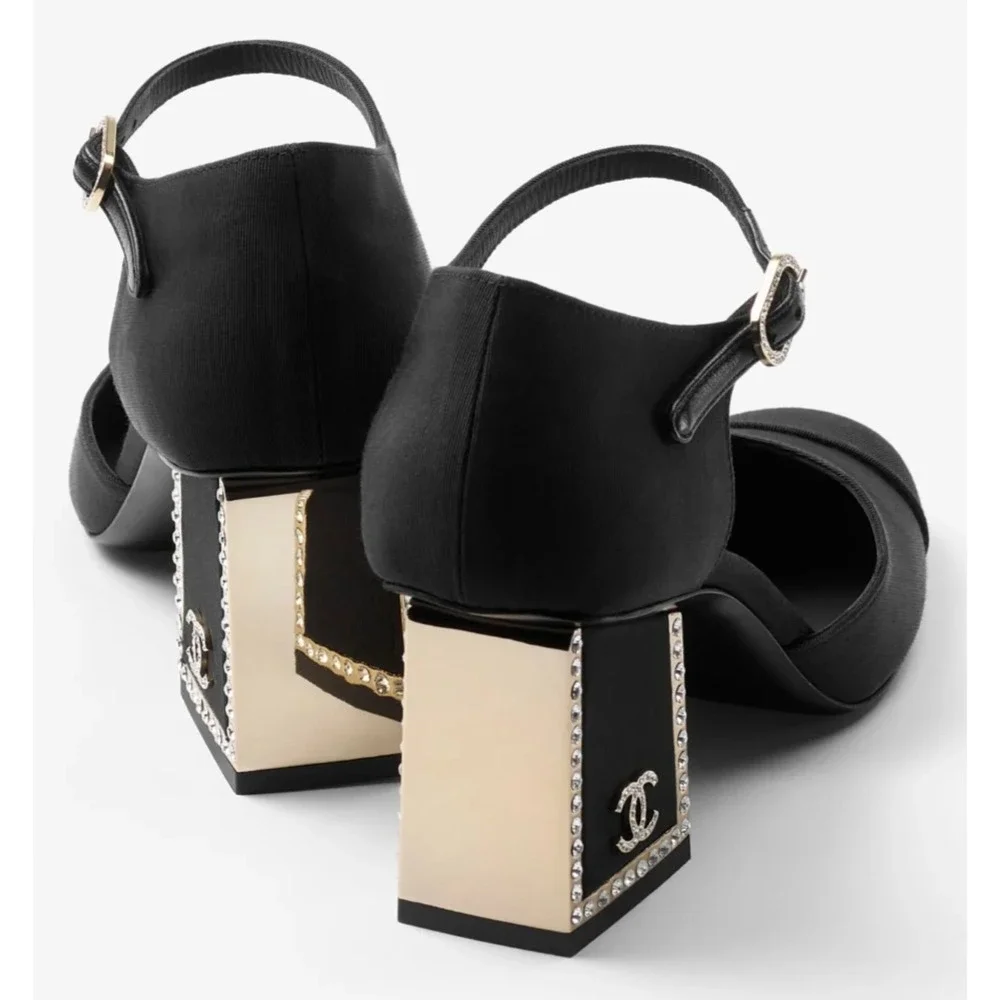 Chanel 24B Black Crystal CC Logo Gold Mary Jane Ankle Strap Block Heel Pumps 40 - Picture 16 of 16
